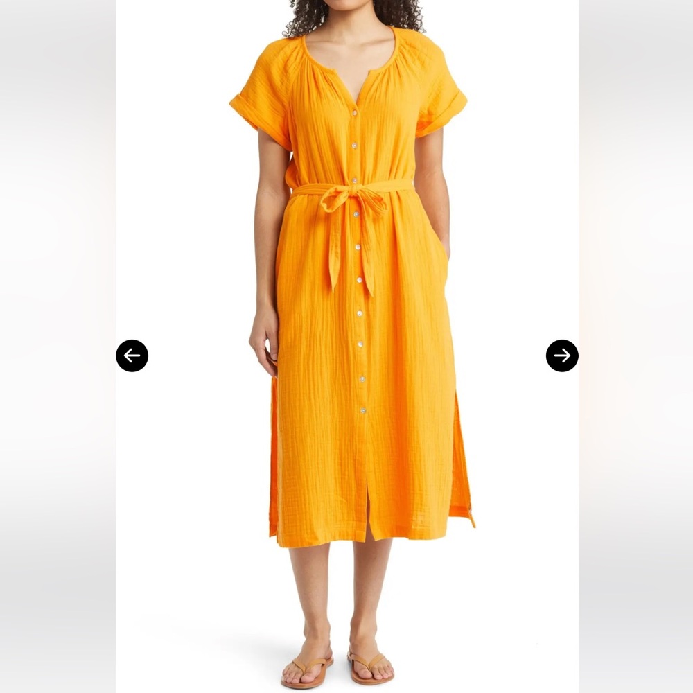 Tommy Bahama Gauze Midi Shirtdress Cotton Short Sleeve Dress Mango Coral SM NWT